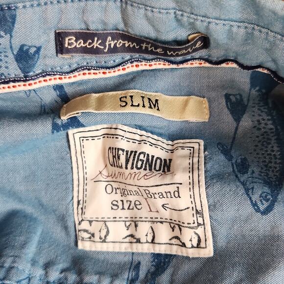 Chevignon Shirt Short Sleeve Mens Large Slim Fit Blue Fish Print Buttonup - Picture 8 of 9